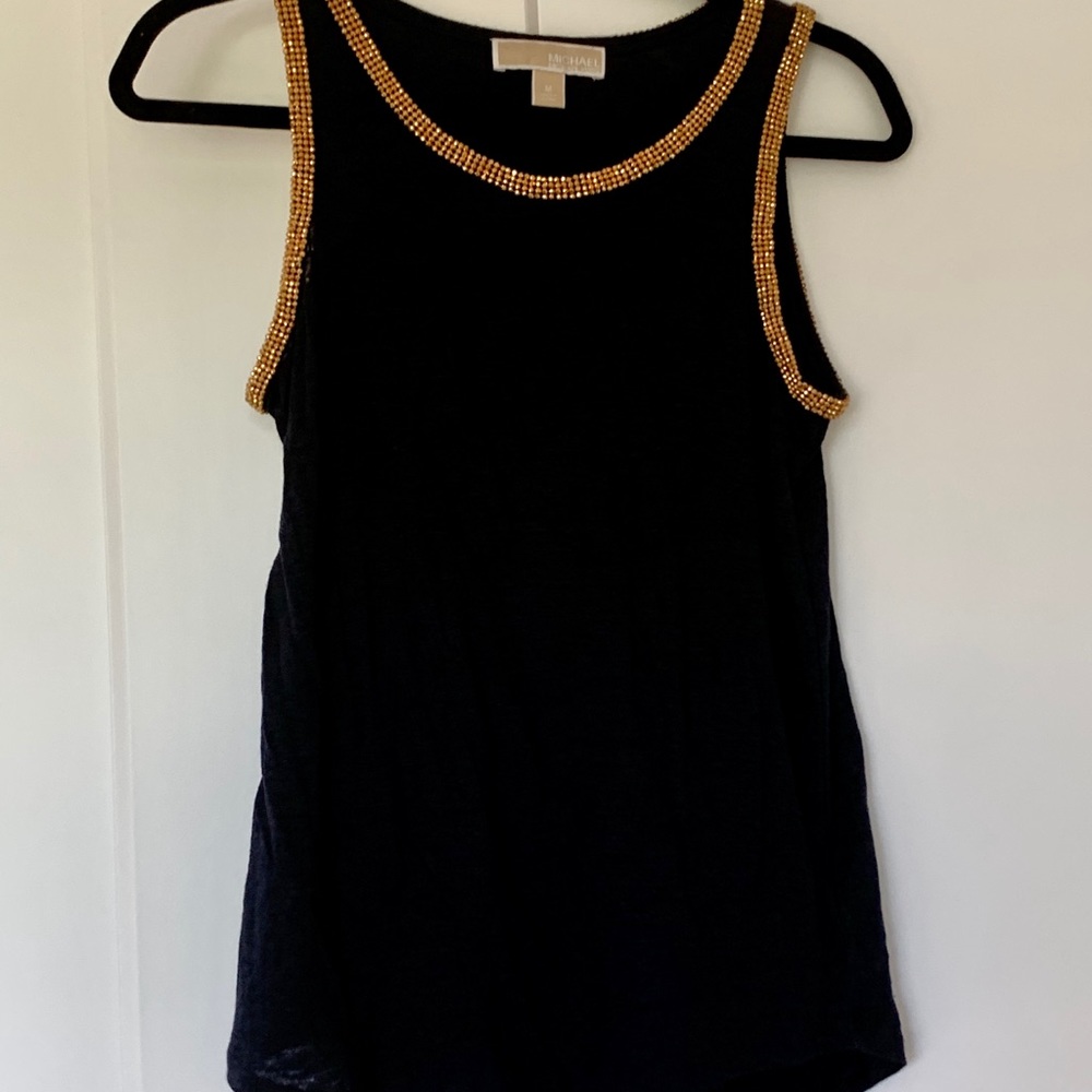 Michael Kors Navy and Gold Beaded Tank Top